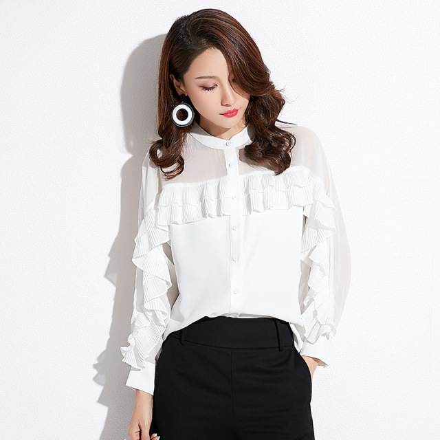 Slim temperament ruffled chic stand collar shirt chiffon shirt  