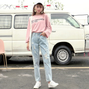 牛仔裤女秋新款2018 高腰浅蓝色女仔裤 厂家直销休闲九分小脚裤