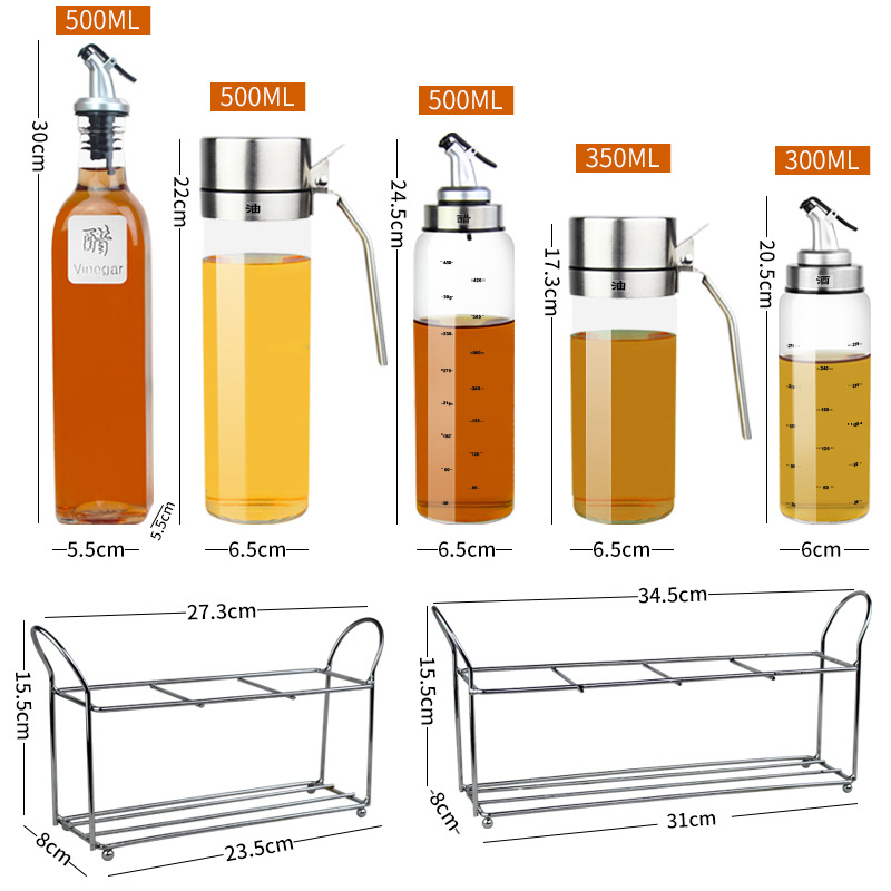 Engrasador de vidrio botella de aceite traje vinagre olla condimento caja condimento tarro hogar suministros de cocina con estante de almacenamiento