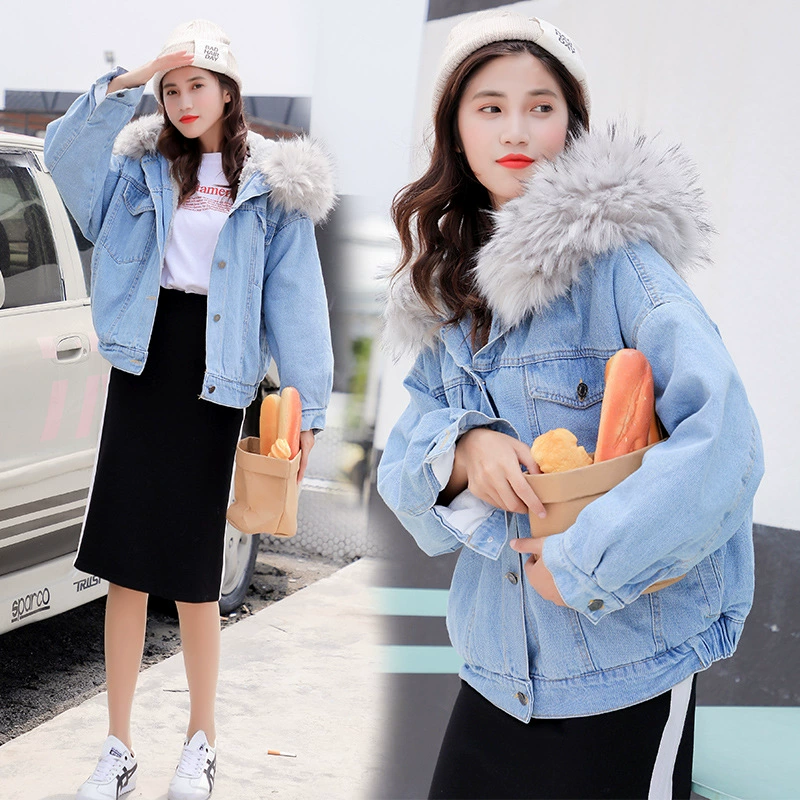 Пуховик (женский) denim-вид с капюшоном и отделкой из искусственного меха, теплая кожаная подкладка, 2022