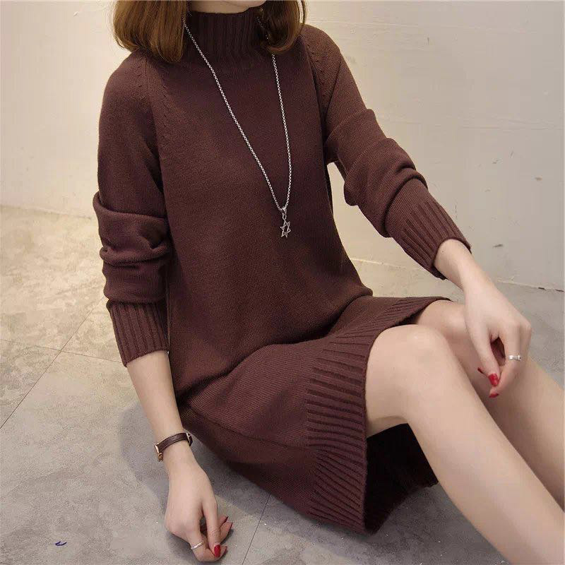 K New Women's Half-turtleneck Pullover Sweater; Loose Midi Dress; Women's Knit Dress As A Base Layer. No Necklace Or Other Accessories_voghion.com