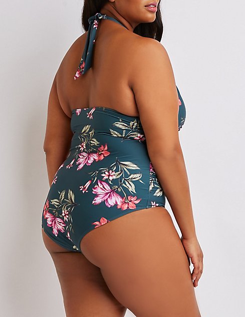 plus size printing smocked halterneck one piece swimsuit NSYLH123378