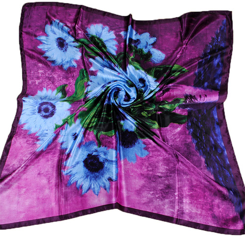 New spring and summer printed sunflower 90 satin large square scarf for women, silk scarf wholesale, fashionable and versatile triangle scarf