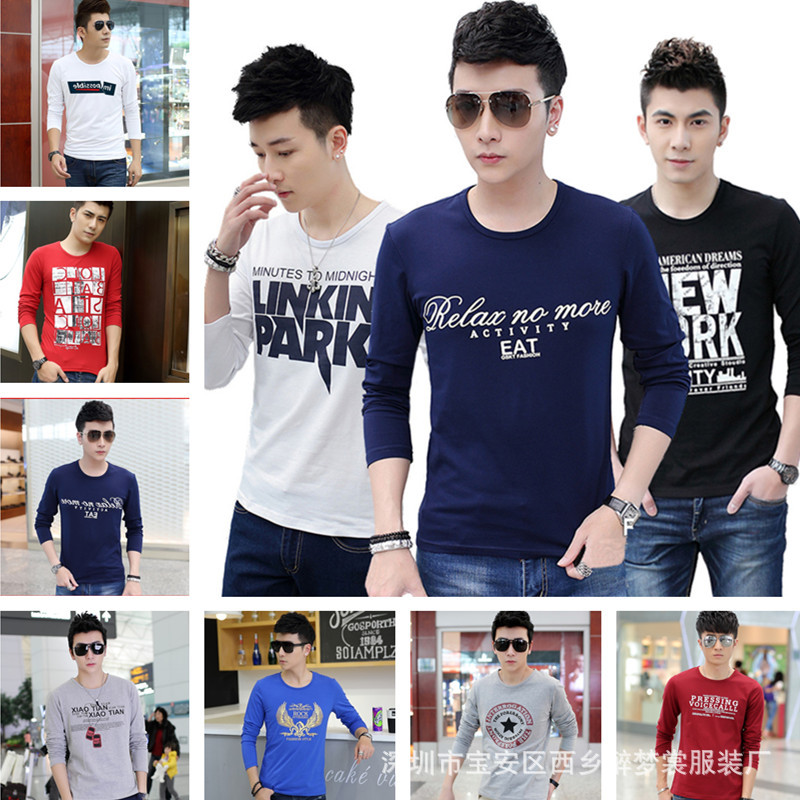 男式t恤新款2018外贸青年男装长袖t恤潮韩版男士爆款打底服装批发