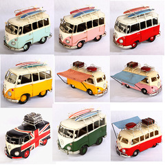 Antique iron shell Volkswagen Beetle bus coach car mini RV model simulation home decoration