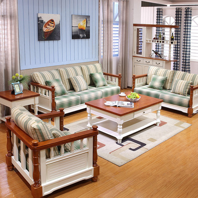 Mediterranean Sea solid wood Fabric art Sofa Set Small apartment Living Room Furniture Solid wood frame sofa 123 tea table