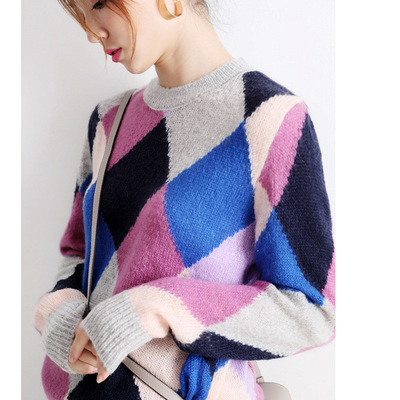 2018 Autumn and winter Show thin Hit color Diamond lattice Easy Mohair wool T-shirts Long sleeve Sweater Socket sweater