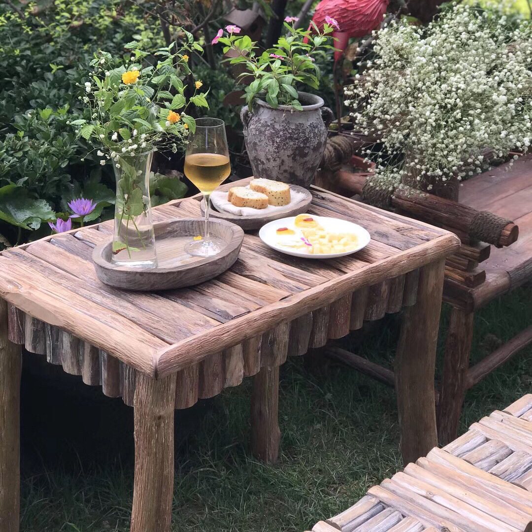 Retro solid wood display table homestay coffee shop balcony flower courtyard outdoor table chair garden flower shop decoration display