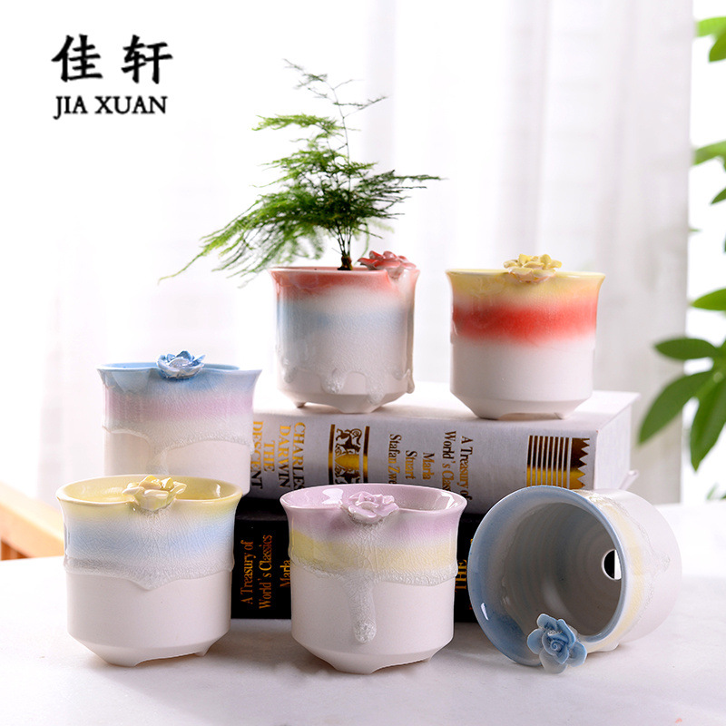 新款捏花多肉花盆小清新多肉植物陶瓷花盆手工艺简约冰裂创意盆栽|ms