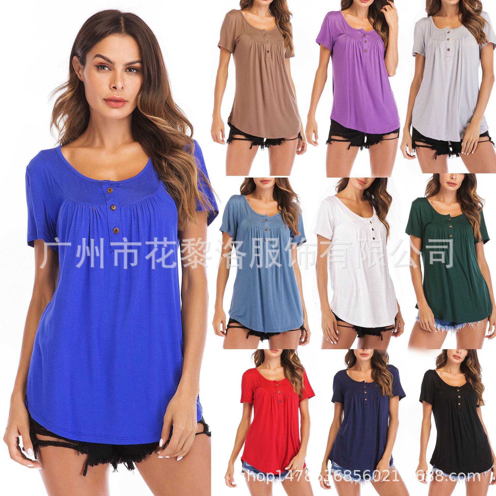 Amazon explosion models 2019 Spring and summer Europe and America Chouzhe button Easy Short sleeved Dovetail Cross-border present