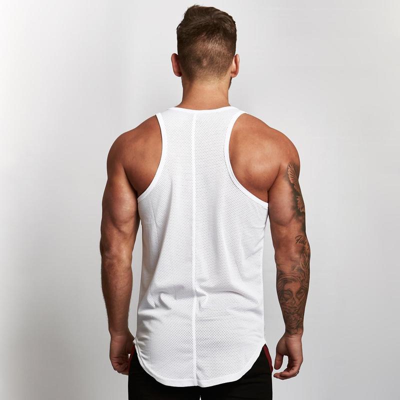 En blanco de malla slim fit fitness chaleco hombres europeos y americanos arco dobladillo deportes gimnasio base transpirable de secado rápido chaleco image 3