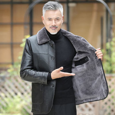 冬装外套加绒加厚中年皮毛一体pu皮衣2021新款皮西装中老年男装|ru