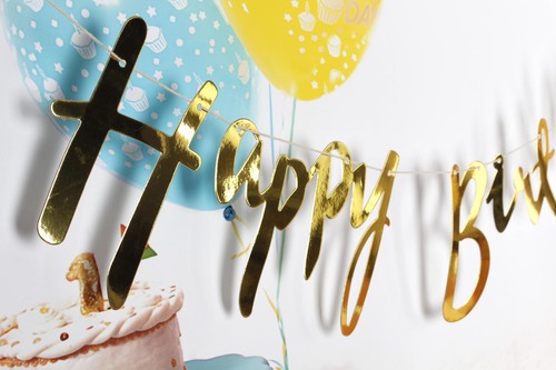 Gold letter hanging flag banner, rich golden first year party decoration flag, happy birthday paper hanging strips and colorful flag wholesale