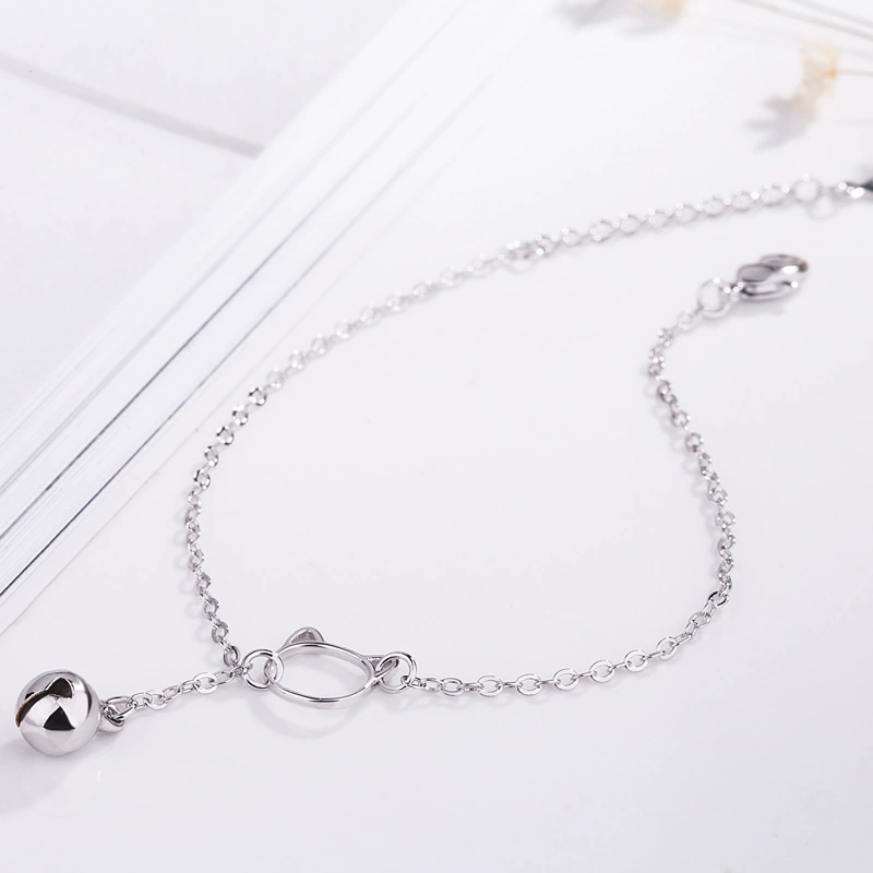 Bracelet (Emei) Cat charm with bell, Korean minimalist silver bracelet, simple student gift