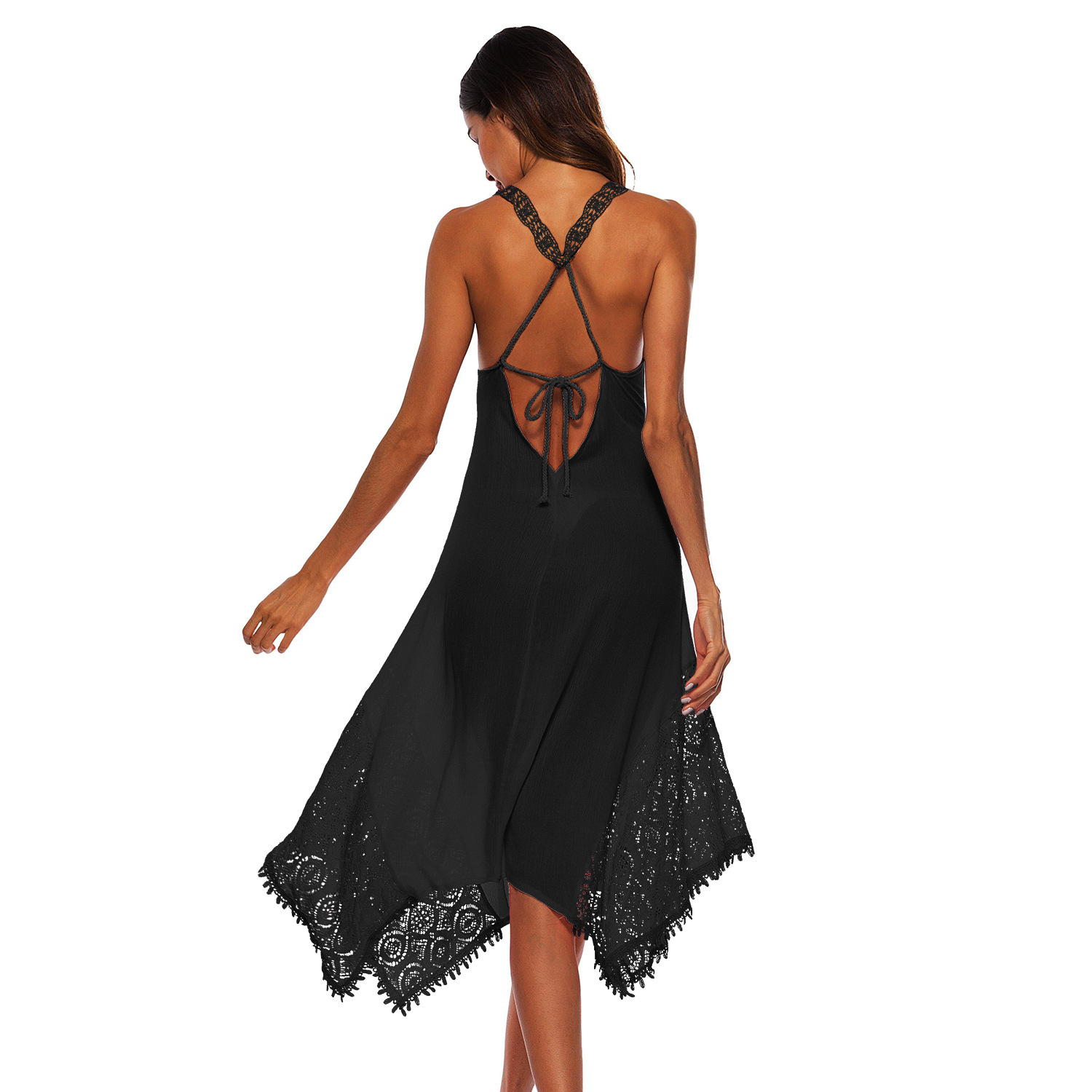 Backless Lace Trimmed Maxi Dress Crossed Straps Irregular Hem Elegant Design Perfect for Evening Events Wholesale