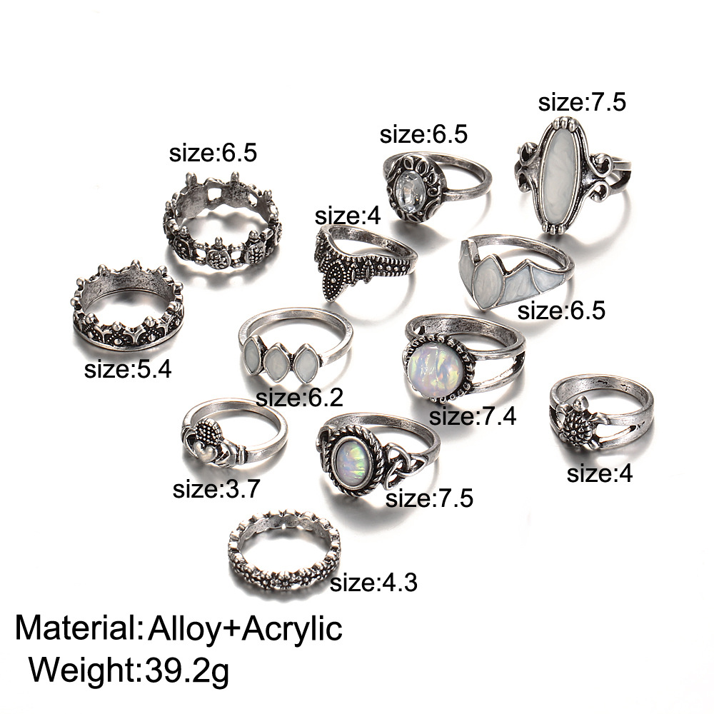 Europe And The United States Retro Carved Exaggerated Gem Tortoise 12 Pieces Set Of Ring Set Combination Joint Ring