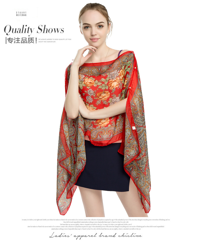 印花雪纺丝巾 珍珠扣防晒披肩批发 海边沙滩巾