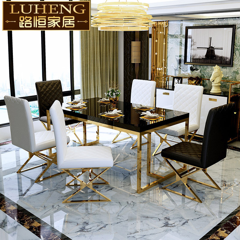 轻奢不锈钢餐桌椅简约后现代新古典金色餐桌组合长方形6人家用