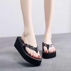 2021 New Model Floral Summer Slippers High Heel Thick Sole Slip-On Sandals Women's Wedge Platform Crocs Wholesale