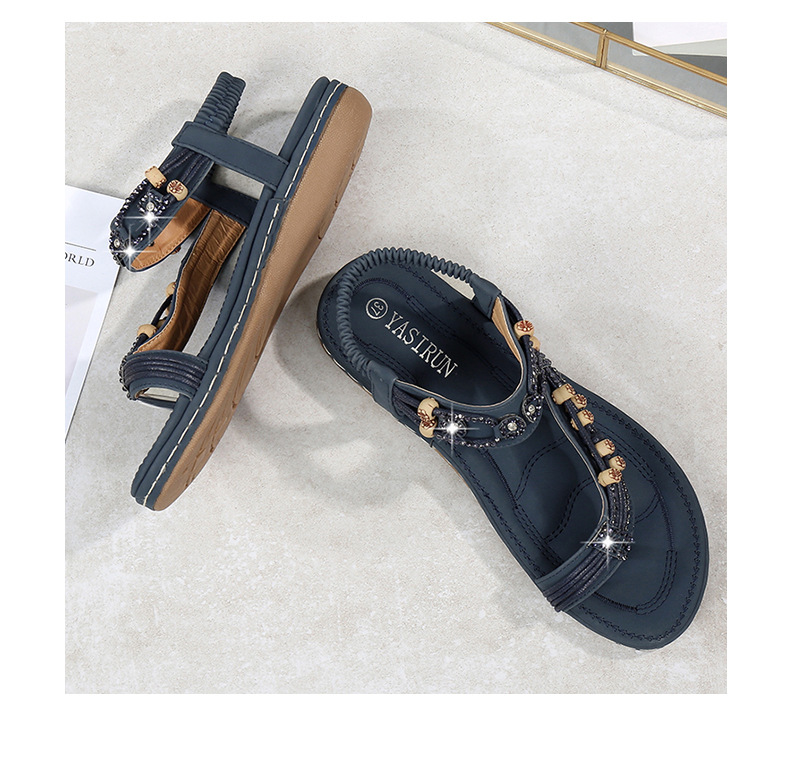 Plus-size women's shoes, Bohemian sandals, retro rhinestone beaded sandals, round-toed flat sandals, and cowhide soft-soled shoes undefined