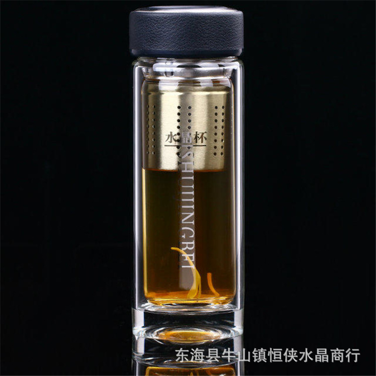 大皮盖双层透明隔热水晶杯  商务人士必备 可加定制logo