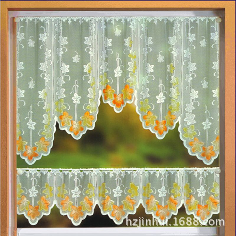 New Color Warp Knitted Jacquard Spray Flower Color Maple Leaf Upper and Lower Curtain Warp Knitted Lace Kitchen Curtain 2-Piece Set