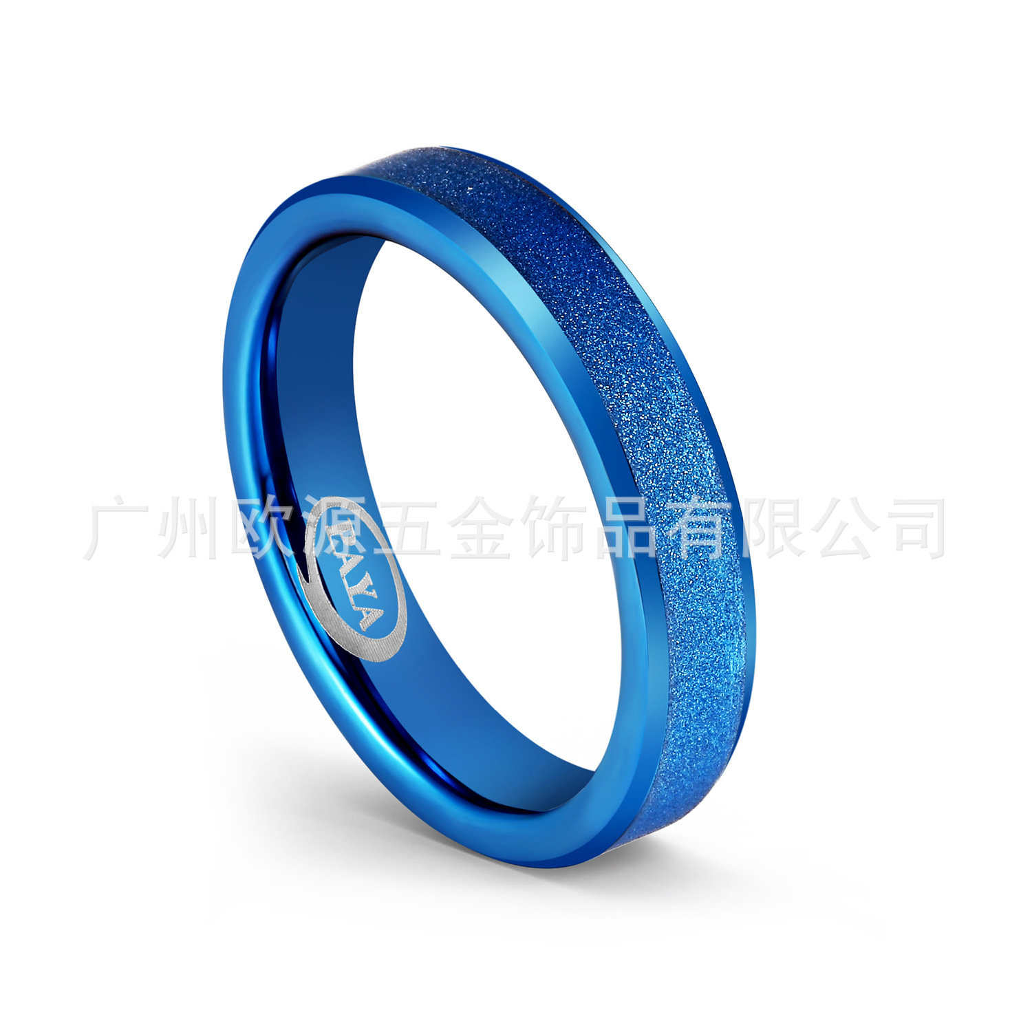 广州欧源工厂直销 钨钢戒指 蓝色喷砂倒角 瑞丽情侣对戒 定制
