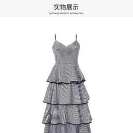 2020夏装新款欧美黑白格子层叠蛋糕裙女显瘦中长款吊带连衣裙
