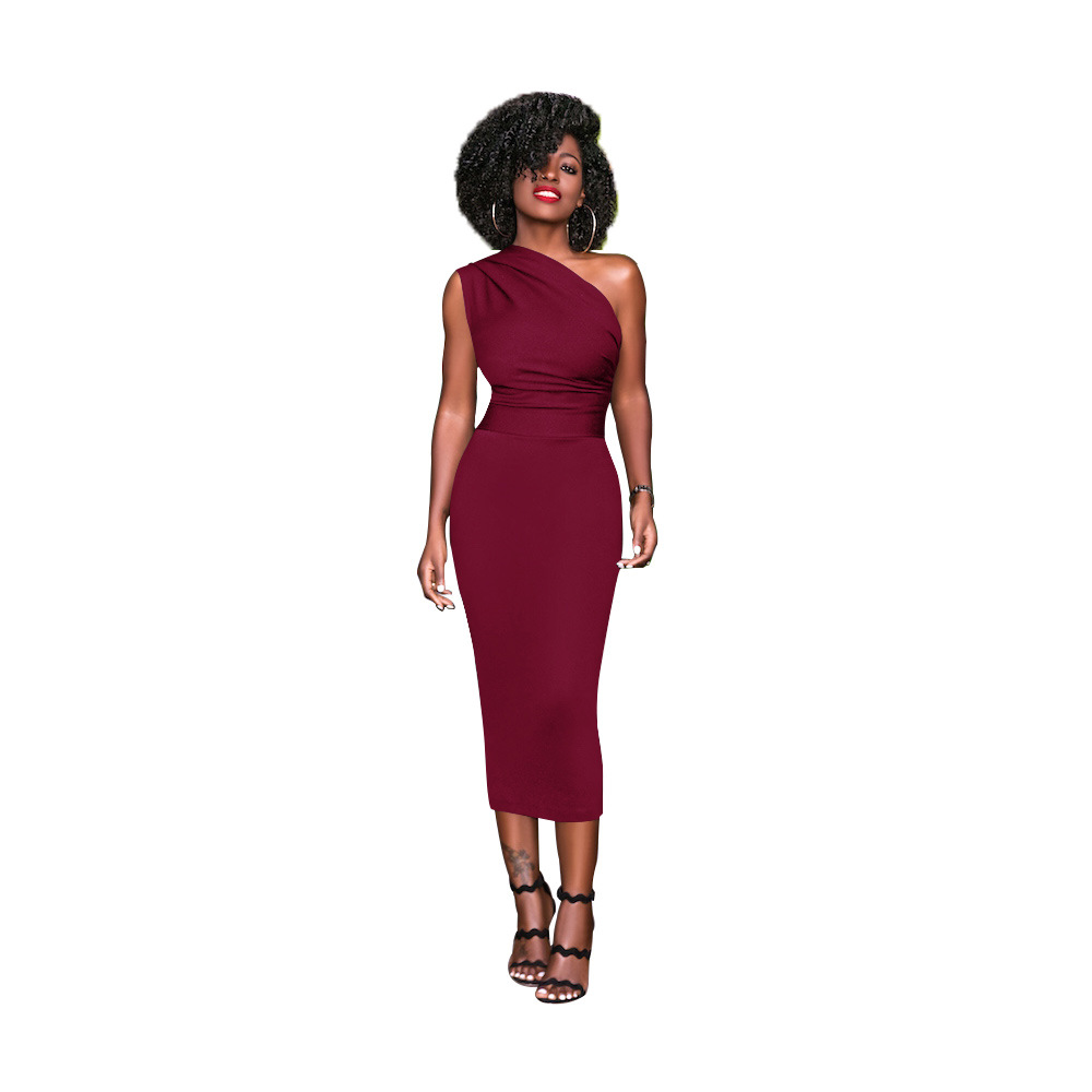 Women Clothing Solid Color Sexy off-Shoulder Dress