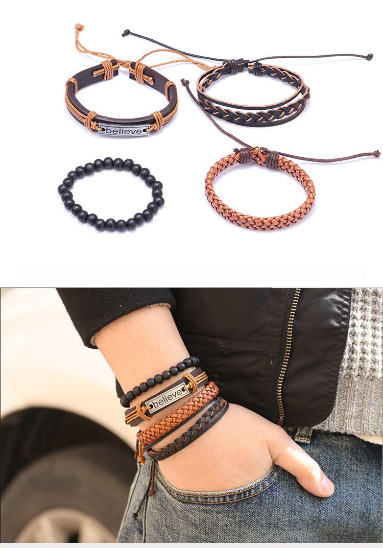 Retro Cowhide Bracelet Four-piece Woven Men's Bracelet Set display picture 3