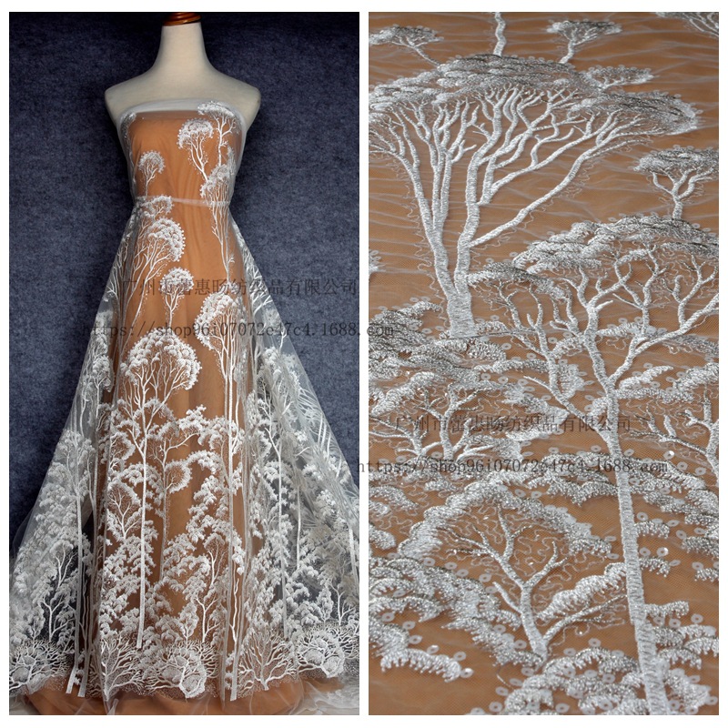 米白色蕾丝布料亮片布网纱刺绣布料婚纱礼服服装面料蕾丝花边布料