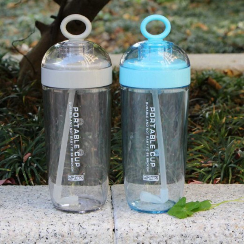 富全圆萌吸管杯防漏随手杯时尚简约带提手款塑料杯户外便携水杯子