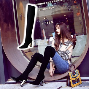 3128-6 European and American fashion metal with thick with sexy high-heeled suede tines nightclub show thin pedicure kne