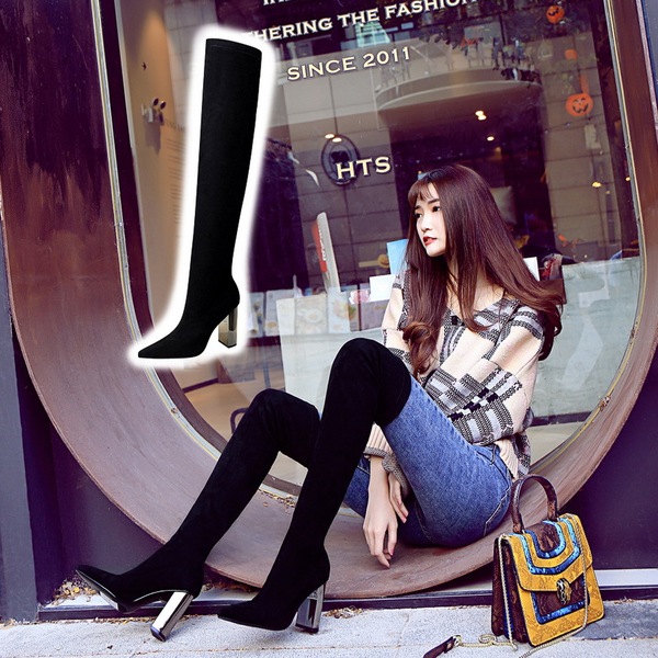 Fashion metal heel high heel suede pointed sexy nightclub boots