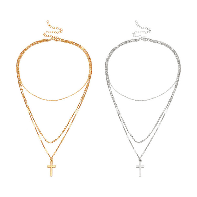 Three-layer Alloy Cross Necklace Silver