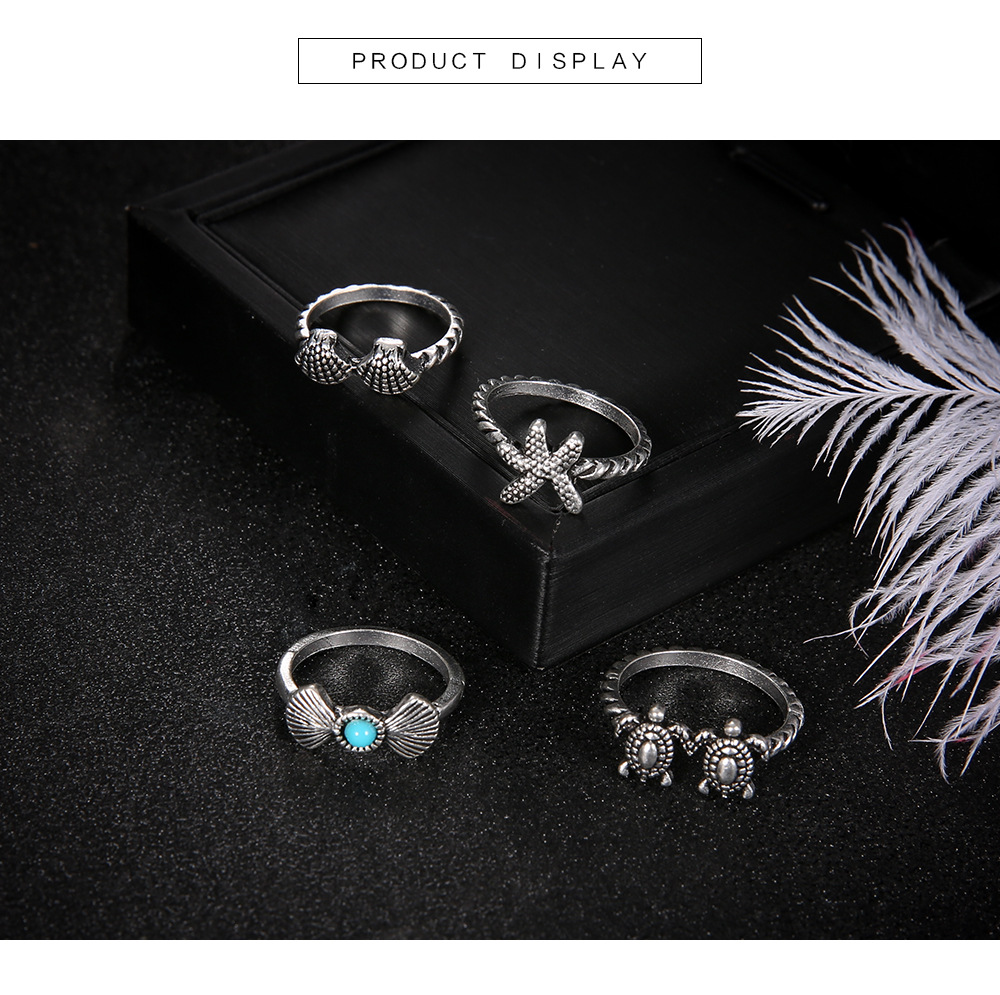 Tortoise, Starfish, Shell Pattern Women'S Gender Beach Tortoise Starfish Shell Alloy Inlay Turquoise Women's Rings
