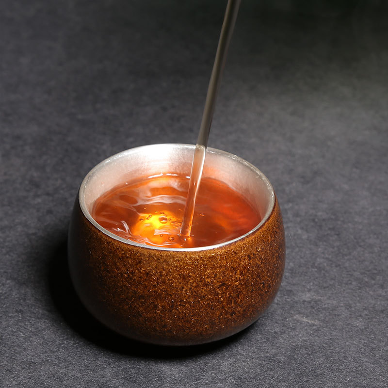 陶瓷鎏银茶杯999纯银品茗茶杯普洱茶碗盏主人杯单杯粗陶功夫茶具