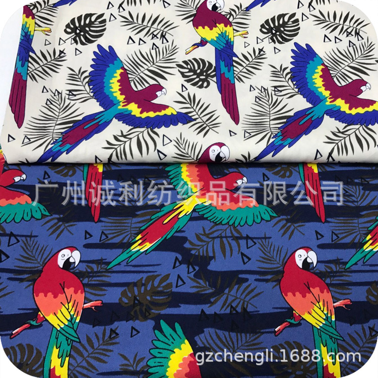 欧美连衣裙印花 动物鹦鹉 叶子花 全棉平纹府绸印花  衬衫印花布