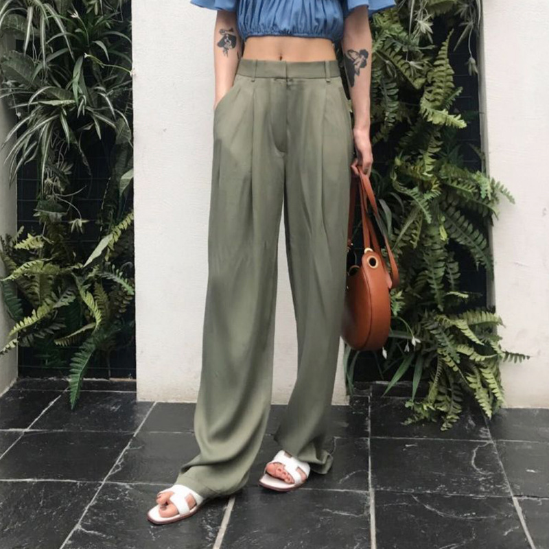 Korean version of the fashion high waist ribbon wide leg pants 2021 spring new wild straight straight tow mandies trousers casual pants tide