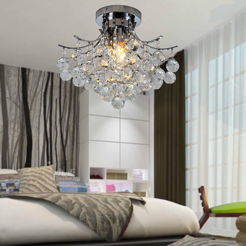 Jane European living room crystal lamp bedroom crystal ceiling lamp dining room wrought iron Chrome K9 crystal lamp LED entrance lamp