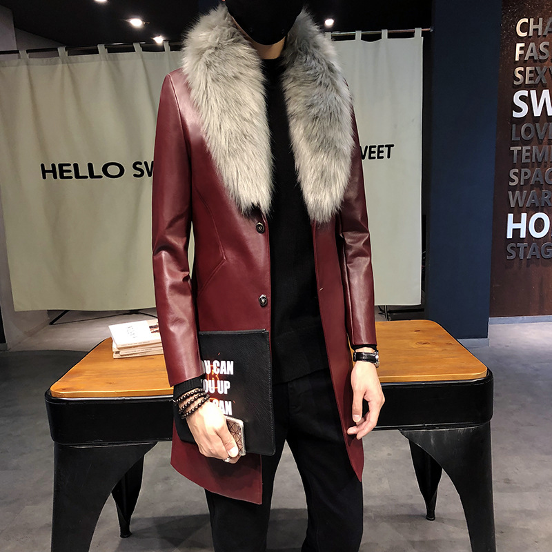 Fur collar Leather windbreaker winter Mid length version Korean Edition Self cultivation Plush leather clothing 2018 handsome locomotive Trend coat