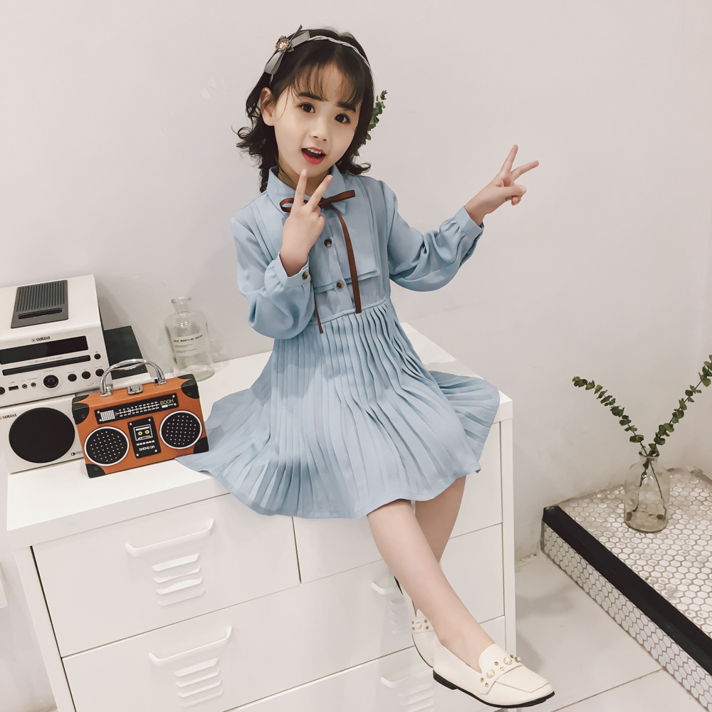 Korean Edition temperament Pleated skirt 2019 girl Spring new pattern Waist Long sleeve lovely Dress Mid length version On behalf of