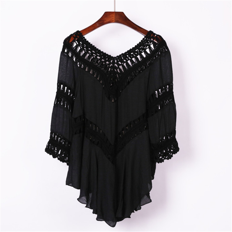 跨境歐美熱銷款寬松中長款大擺鏤空手勾沙灘比基尼泳衣沙灘罩衫女