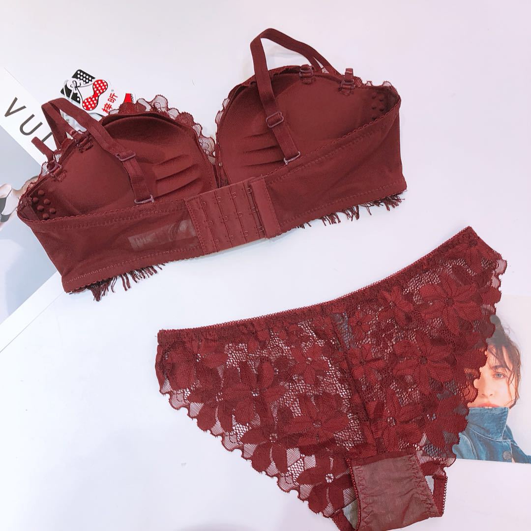 8203 Jade Rabbit Essence Sexy Lace Tassel Medium Thick No Steel Ring Bra Set Small Chest Gathering Women's Underwear_voghion.com