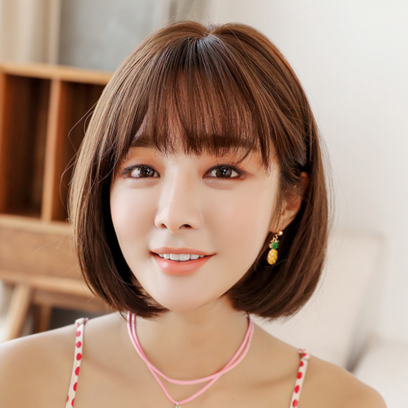 female short hair bobo wig Korean bobo head short straight hair realistic synthetic fiber wig set