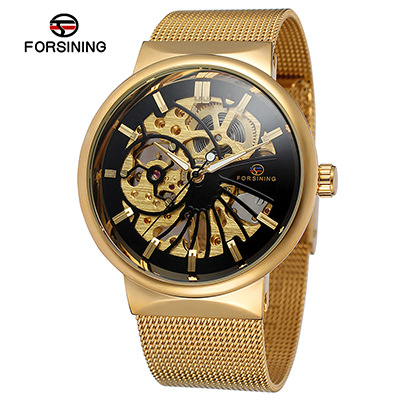 Nuevo reloj mecánico manual de la correa de acero de la moda de los hombres de FORSINING126 hueco-hacia fuera el reloj transparente del diseño para los hombres