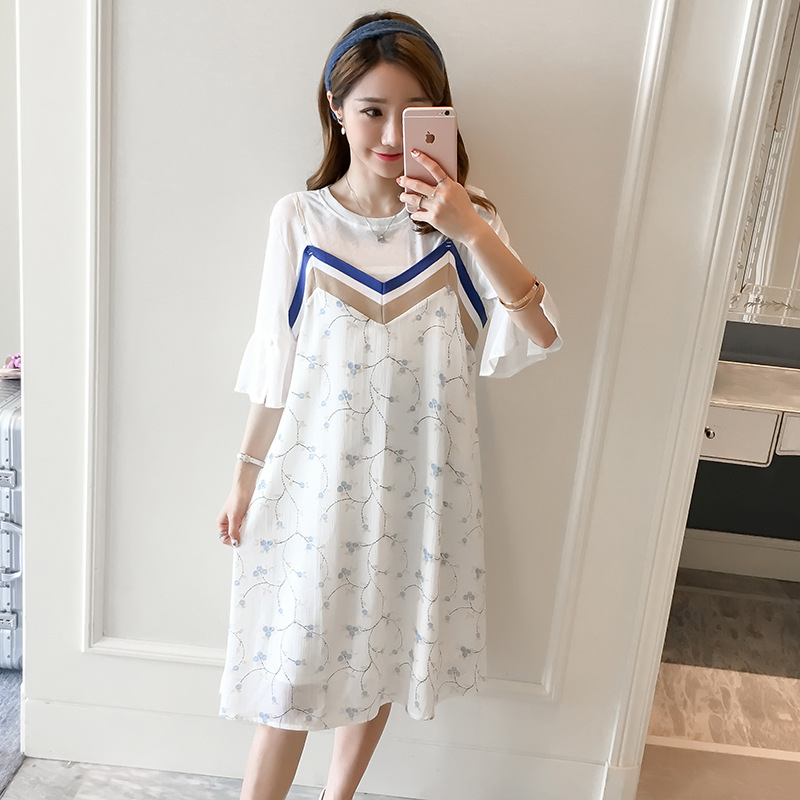 夏季孕妇雪纺连衣裙厂家批发时尚孕妇装T恤V领碎花吊带两件套装潮|ms