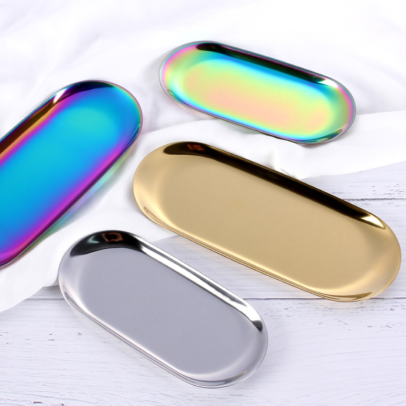 首饰盘 不锈钢黄铜金色原色彩色椭圆形金属托盘 北欧家居装饰摆