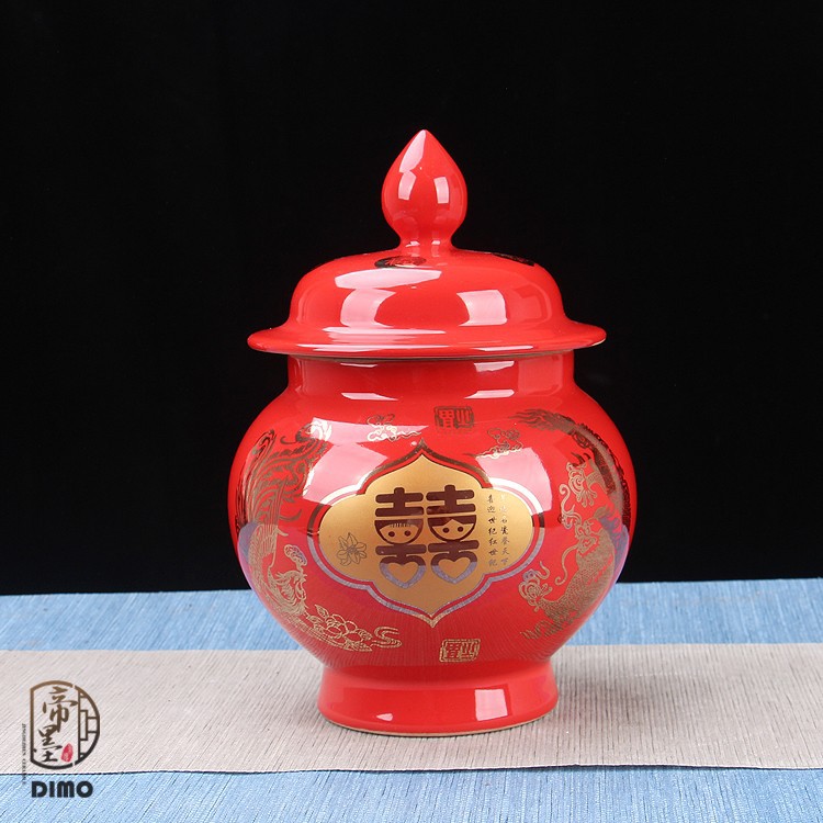 景德镇陶瓷坛子结婚喜坛糖果储物罐中国红色婚庆用品花瓶装饰摆件|ru