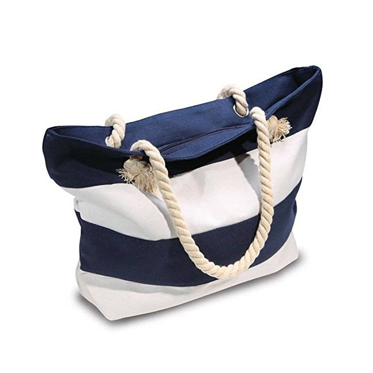 Amazon hot sale hot sale 14 Anjia thick canvas navy blue striped beach bag women's summer shoulder bag